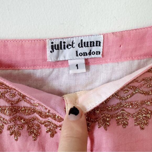 Juliet Dunn Pink Sunset Gold Embroidered Tie Shoulder Cotton Midi Dress 1 / S - Picture 11 of 12